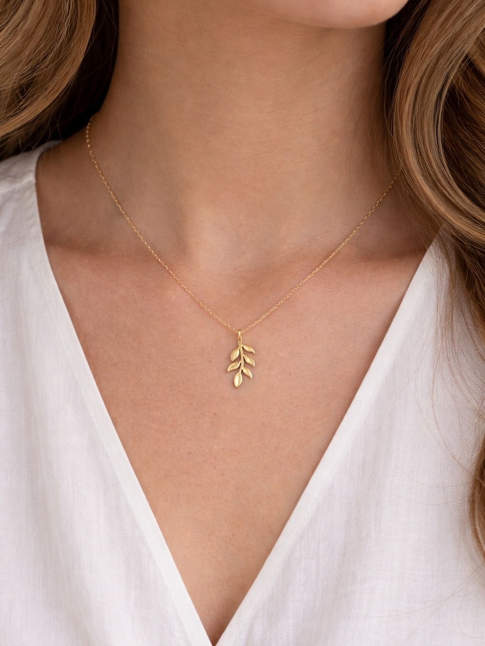 Olive Branch Necklace 18K Gold Plated 17” + 2" Minimalist Leaf Pendant - Picture 2 of 7